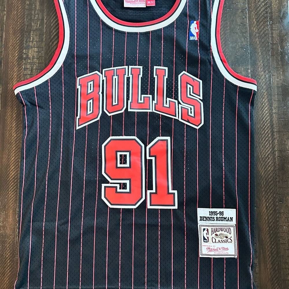 Mitchell & Ness Bulls Black and Red Pinstripe Jersey - Rodman